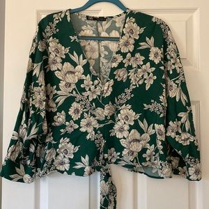 Zara Floral Green Blouse with Front Tie NEVER WORN